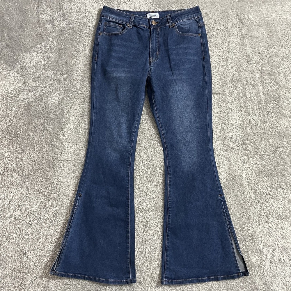 Bamboo Jeans Juniors Size 13 Flare Dark Wash‎ Blue Denim Stretch Side Slits